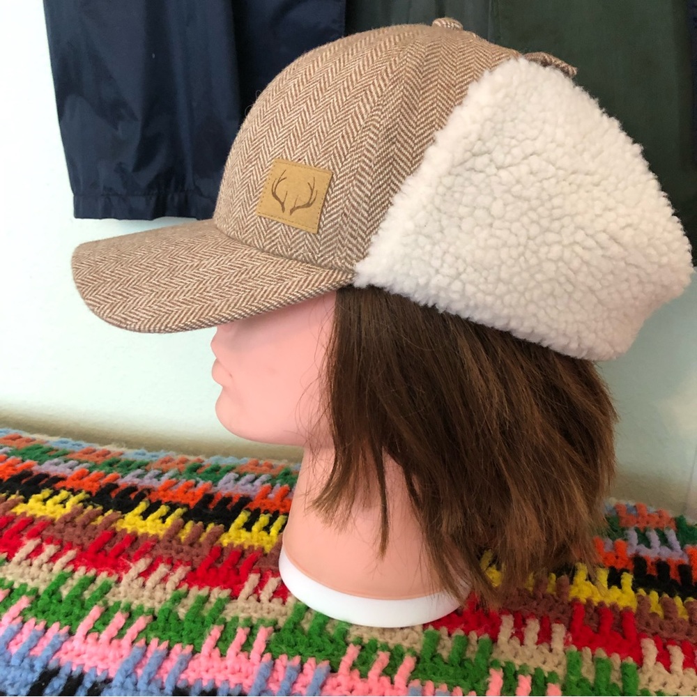 trapper baseball hat Fantastic herringbone pattern brown hunting fleece lining